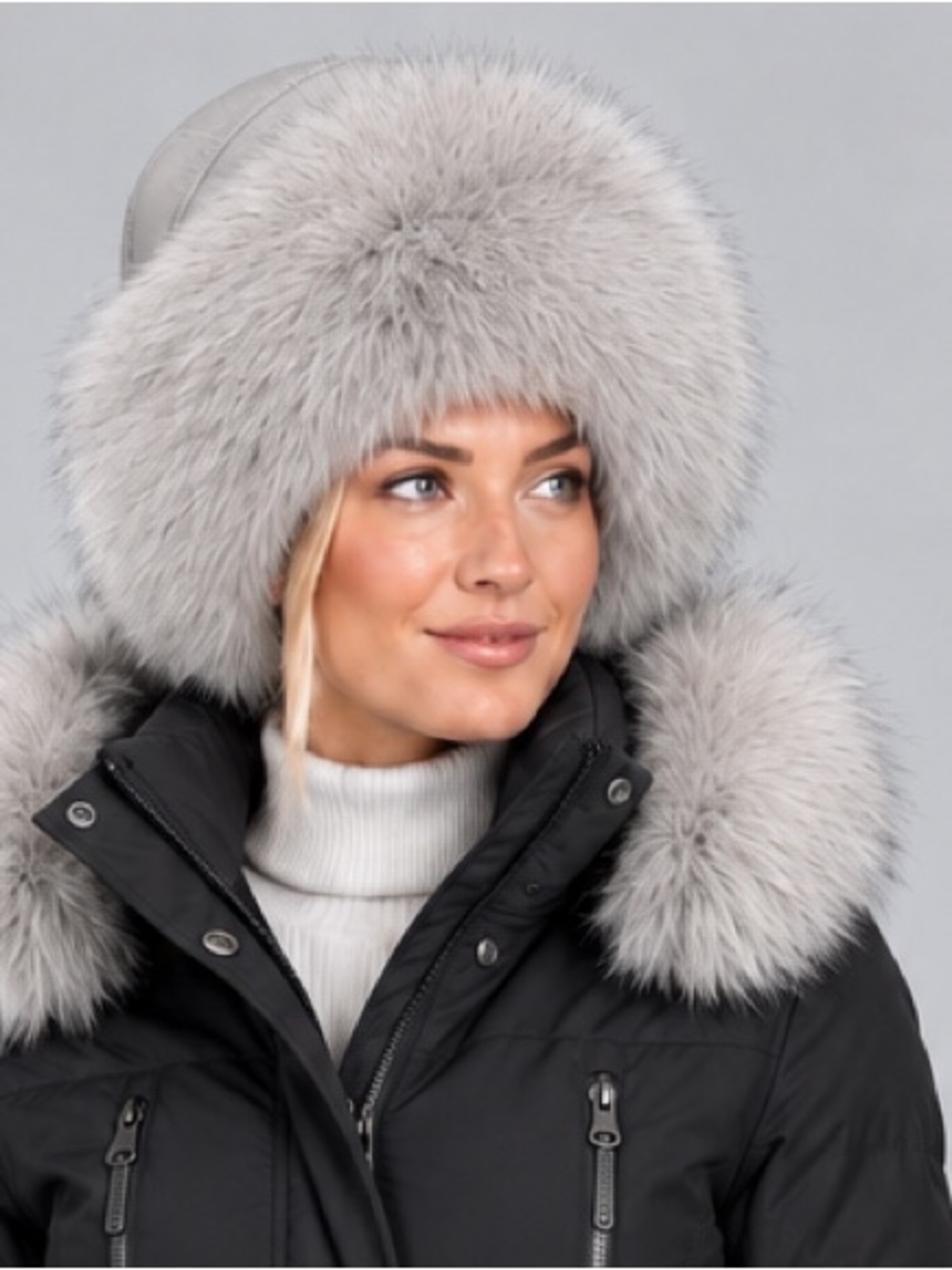 Real Fox Fur and leather Trapper/Ushanka/Aviator hat, Medium gray, lined, adjust